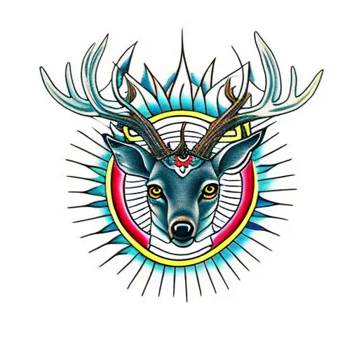 dark three eyed deer with sun tattoo design idea
