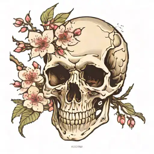 human skull with cherry blossoms wrapping around it and growing out of it  tattoo design idea