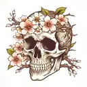 human skull with cherry blossoms wrapping around it and growing out of it  tattoo design idea