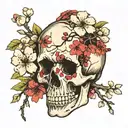 human skull with cherry blossoms wrapping around it and growing out of it  tattoo design idea