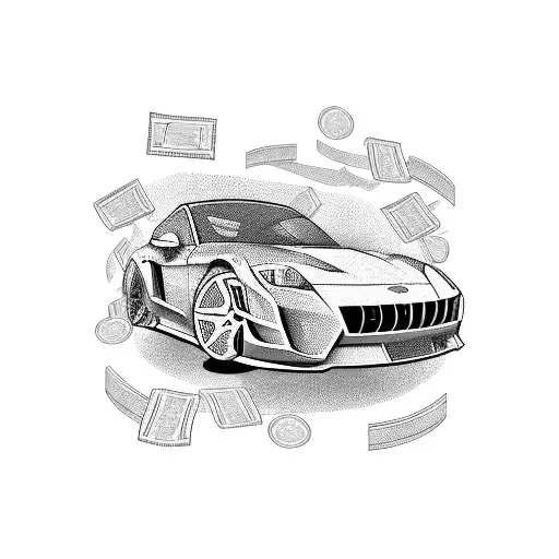 A sleek sports car racing through a stack of cash tattoo design idea