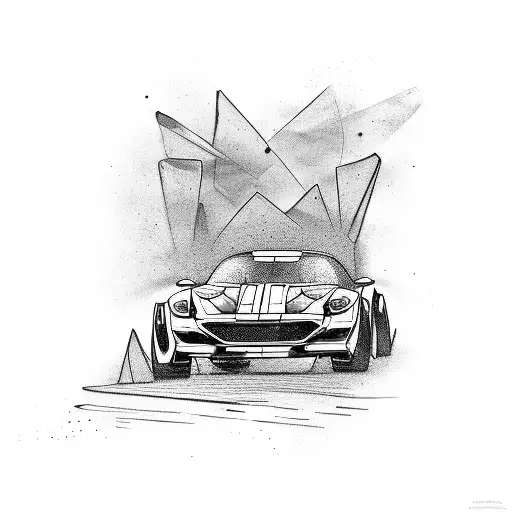 A sleek sports car racing through a stack of cash tattoo design idea