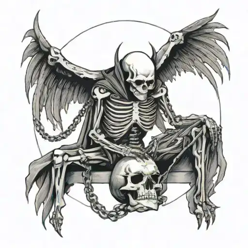kneeling skeleton from front, chained to an angel and the devil who are outside the circular chain border tattoo design idea