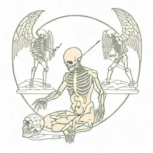 kneeling skeleton from front, chained to an angel and the devil who are outside the circular chain border tattoo design idea