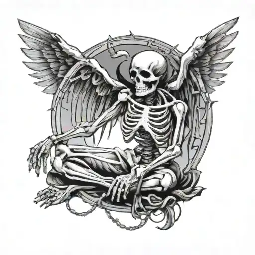 kneeling skeleton from front, chained by an angel and the devil who are outside the circular chain border tattoo design idea