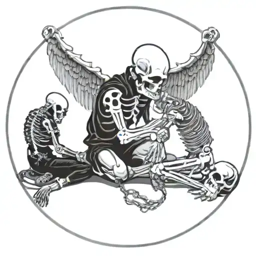 Kneeling skeleton chained by an angel and the devil, circular chain border tattoo design idea