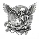 kneeling skeleton from front, chained by an angel and the devil who are outside the circular chain border tattoo design idea