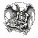 kneeling skeleton from front, chained by an angel and the devil who are outside the circular chain border tattoo design idea