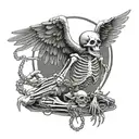 kneeling skeleton from front, chained by an angel and the devil who are outside the circular chain border tattoo design idea