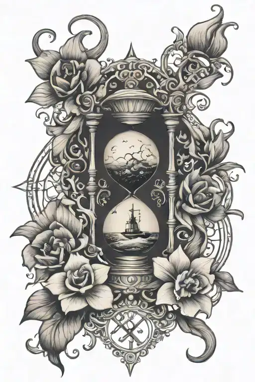 Main motif: Hourglass with sun, moon, storm clouds, lightning, filigree infinity sign, anchor, orchid, single tear tattoo design idea