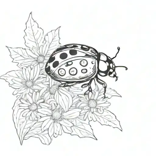 ladybug, chamomile flower and oak leaves tattoo design idea