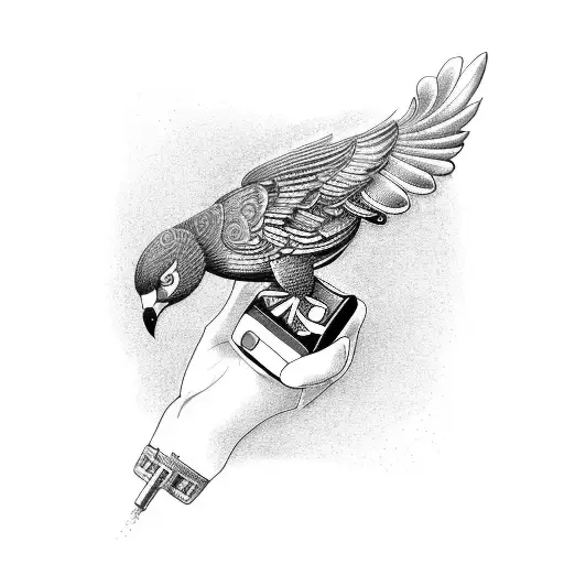 An intricate dotwork tattoo of a mechanical bird holding a joystick in its beak, symbolizing the fusion of gaming and hydraulic technology tattoo design idea