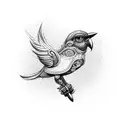 An intricate dotwork tattoo of a mechanical bird holding a joystick in its beak, symbolizing the fusion of gaming and hydraulic technology tattoo design idea