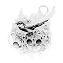 An intricate dotwork tattoo of a mechanical bird holding a joystick in its beak, symbolizing the fusion of gaming and hydraulic technology tattoo design idea