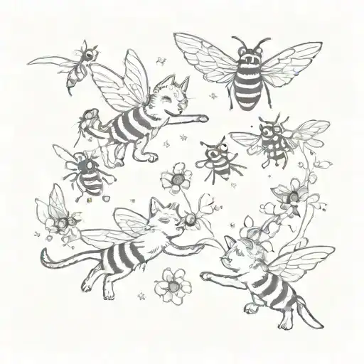 cute cats chasing bees flying tattoo design idea
