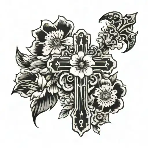 cross with flowers the word sweet down it half the flowers are colored but everything else is black and white  tattoo design idea