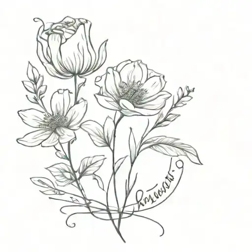 birth flower in a bouquet, tied together with a string and a tag for September, May, April, February, August and July tattoo design idea