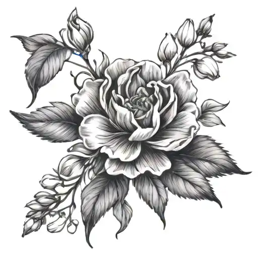 birth flower in a bouquet, tied together with a string and a tag for September, May, April, February, August and July tattoo design idea