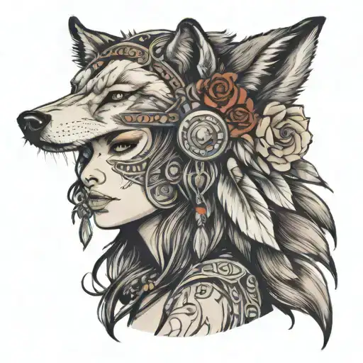 women with wolf headdress being worn tattoo design idea