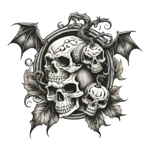 skulls, bats, pumpkins, halloween sleeve tattoo tattoo design idea