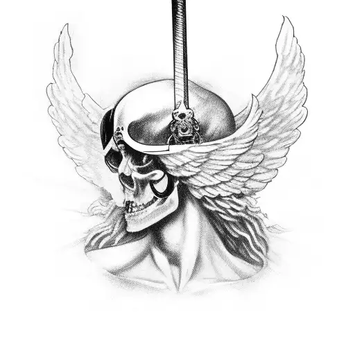 blind Angel standing on skulls holding a sword with halo on top of head which the creation of atom below it  tattoo design idea