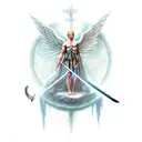 blind Angel standing on skulls holding a sword with halo on top of head which the creation of atom below it  tattoo design idea