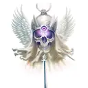 blind Angel standing on skulls holding a sword with halo on top of head which the creation of atom below it  tattoo design idea