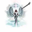 blind Angel standing on skulls holding a sword with halo on top of head which the creation of atom below it  tattoo design idea