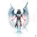 blind Angel standing on skulls holding a sword with halo on top of head which the creation of atom below it  tattoo design idea