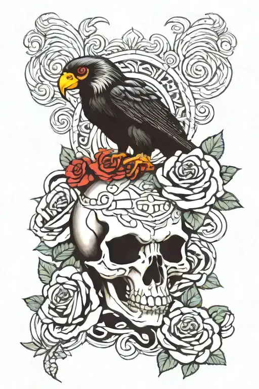 snake, crow, satanic aries ram skull, rose thigh tattoo tattoo design idea