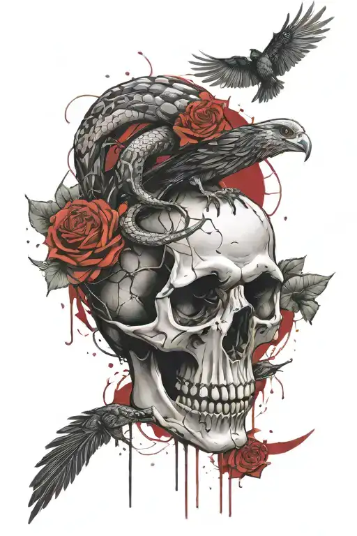 snake, crow, satanic aries skull, rose thigh tattoo tattoo design idea