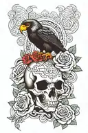 snake, crow, satanic aries ram skull, rose thigh tattoo tattoo design idea