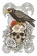 snake, crow, satanic aries ram skull, rose thigh tattoo tattoo design idea