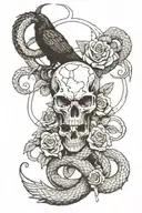 snake, crow, satanic aries ram skull, rose thigh tattoo tattoo design idea