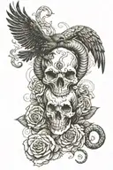 snake, crow, satanic aries ram skull, rose thigh tattoo tattoo design idea