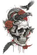 snake, crow, satanic aries skull, rose thigh tattoo tattoo design idea