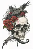 snake, crow, satanic aries skull, rose thigh tattoo tattoo design idea