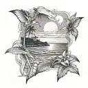 Create a beach scene tattoo with hidden Marvel and Metallica references tattoo design idea