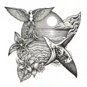 Create a beach scene tattoo with hidden Marvel and Metallica references tattoo design idea