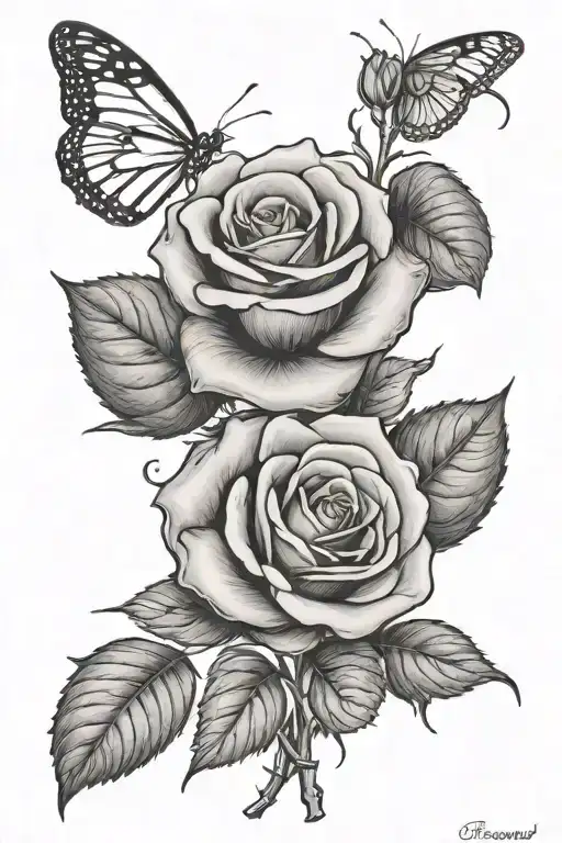A tattoo with a rose and the word blessed as the stem of the rose. Also add leaves, butterflies, and more roses surround tattoo design idea