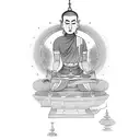 monk in mediating state with 7 chakaras sorrounding him  tattoo design idea