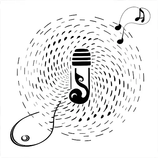 A minimalist tattoo of a microphone with a trail of musical notes turning into a winding road. in a line  tattoo design idea