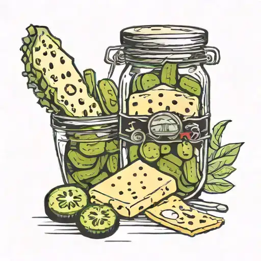 jar of pickles and wedge of cheese combined together tattoo design idea