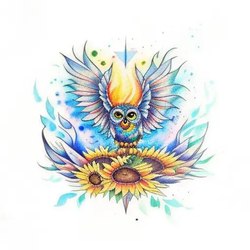 A traditional style tattoo of a sunflower transforming into a vibrant watercolor owl, representing the client's love for both nature and art tattoo design idea