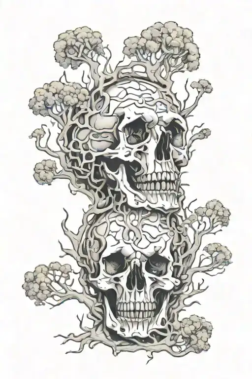 A detailed anatomical illustration of a mycelium network intertwined with preserved dead plants, symbolizing the cycle of life and death in nature tattoo design idea