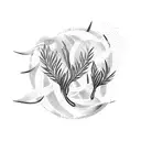 whisks of olive tree branches with olives and olive leaves and abstract ocean waves tattoo design idea