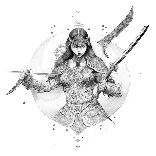 A beautiful woman warrior wielding the Sword of Omens, representing perseverance tattoo design idea