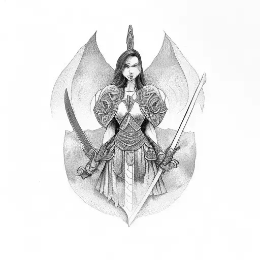 A beautiful woman warrior wielding the Sword of Omens, representing perseverance tattoo design idea