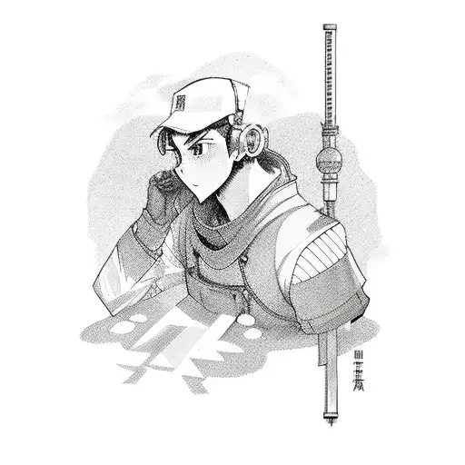 An engineer holding a wrench and surrounded by manga characters depicting different emotions tattoo design idea
