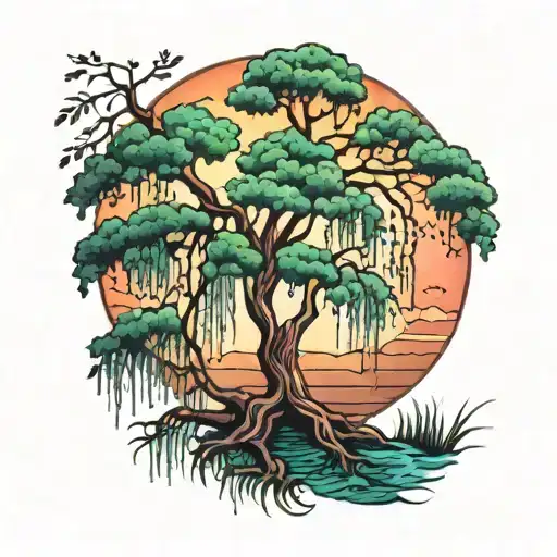 weeping willow trees colors sunset tattoo design idea
